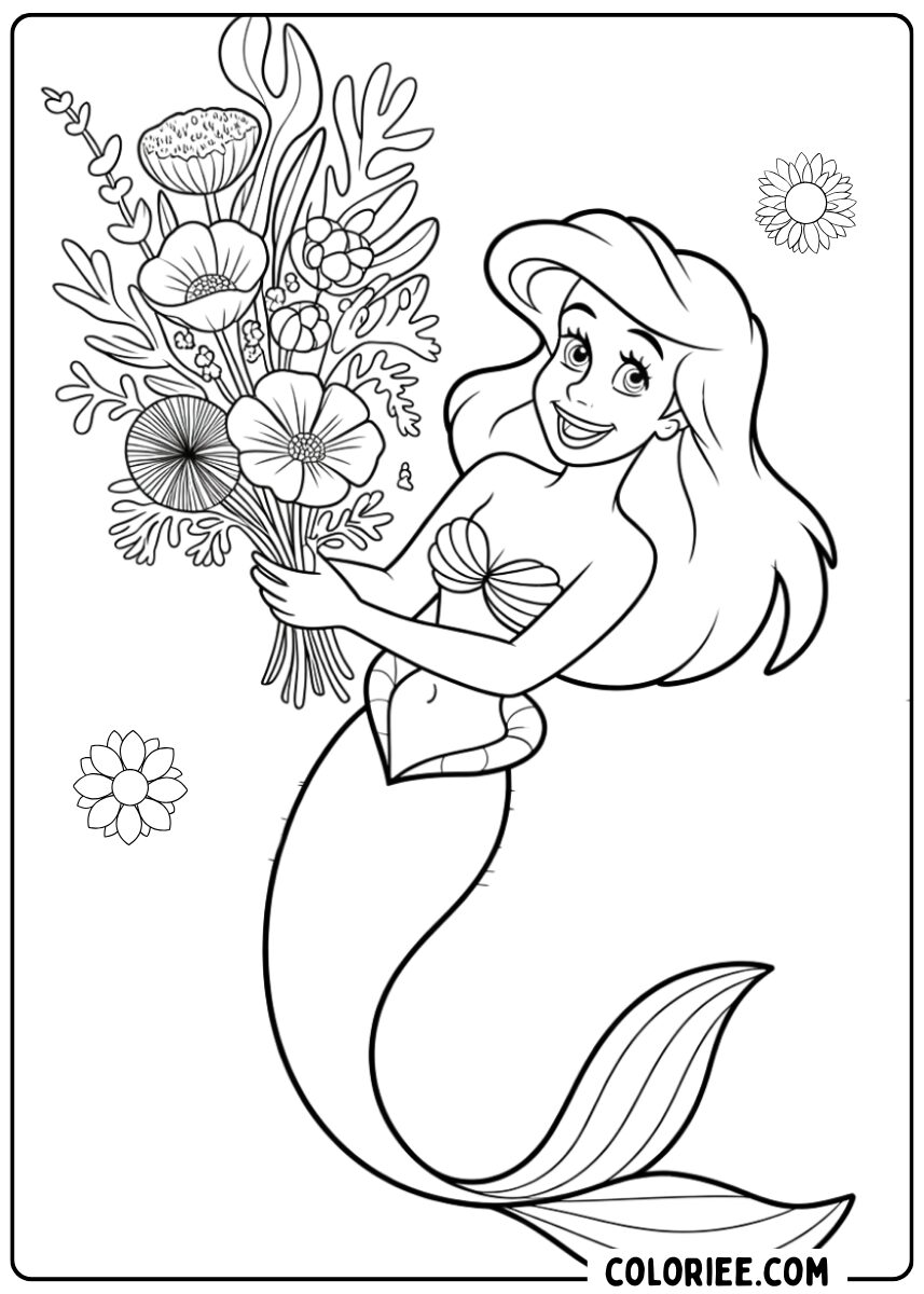 Coloriage Ariel et bouquet