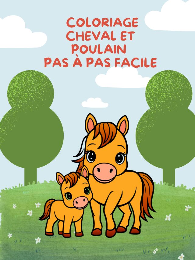Coloriage Cheval et Poulain — Pas à pas facile