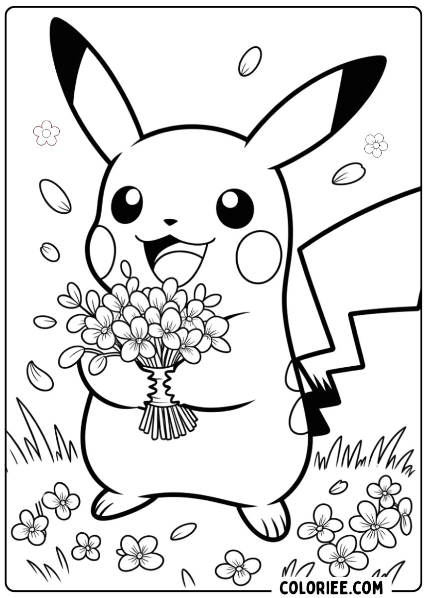 Coloriage Pikachu et bouquet