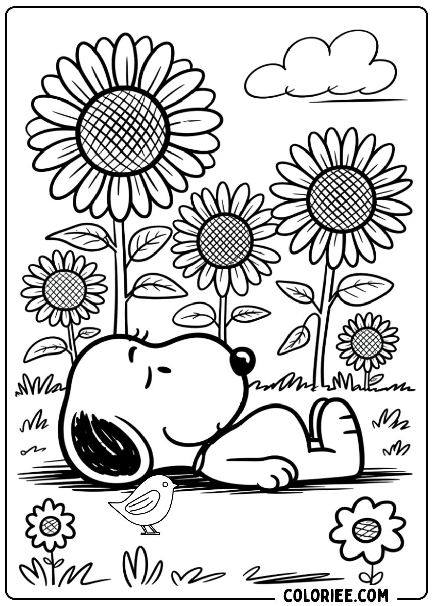 Coloriage Snoopy et tournesols