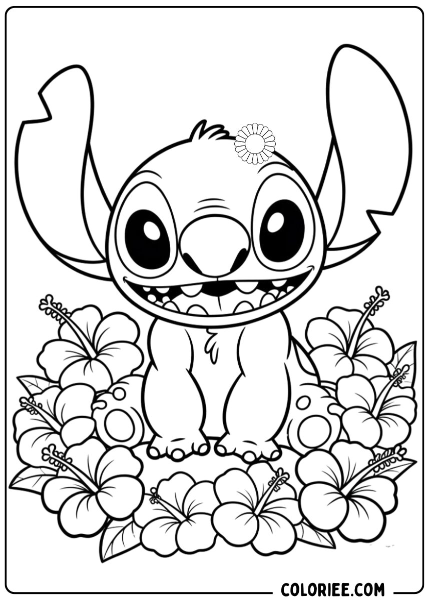 Coloriage Stitch et fleurs tropicales