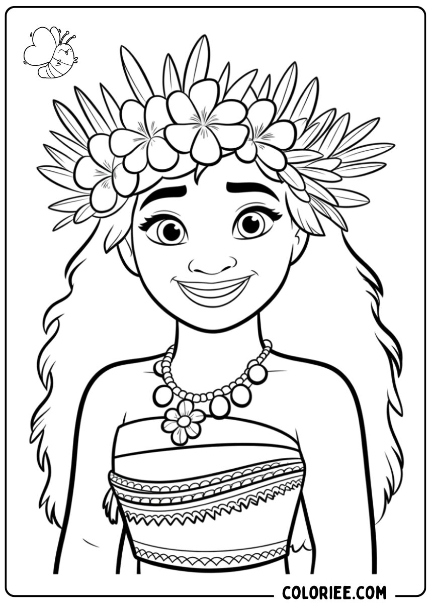 Coloriage Vaiana et couronne de fleurs