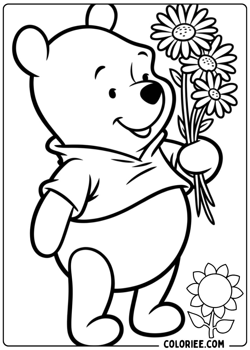 Coloriage Winnie l’Ourson et fleurs