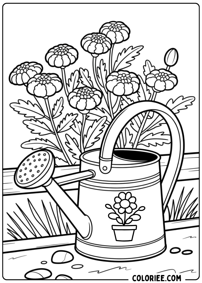 Coloriage arrosoir au jardin