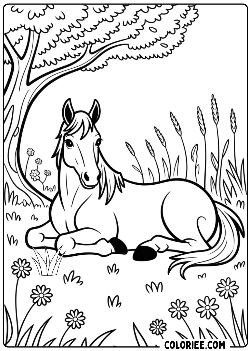 Coloriage cheval au repos