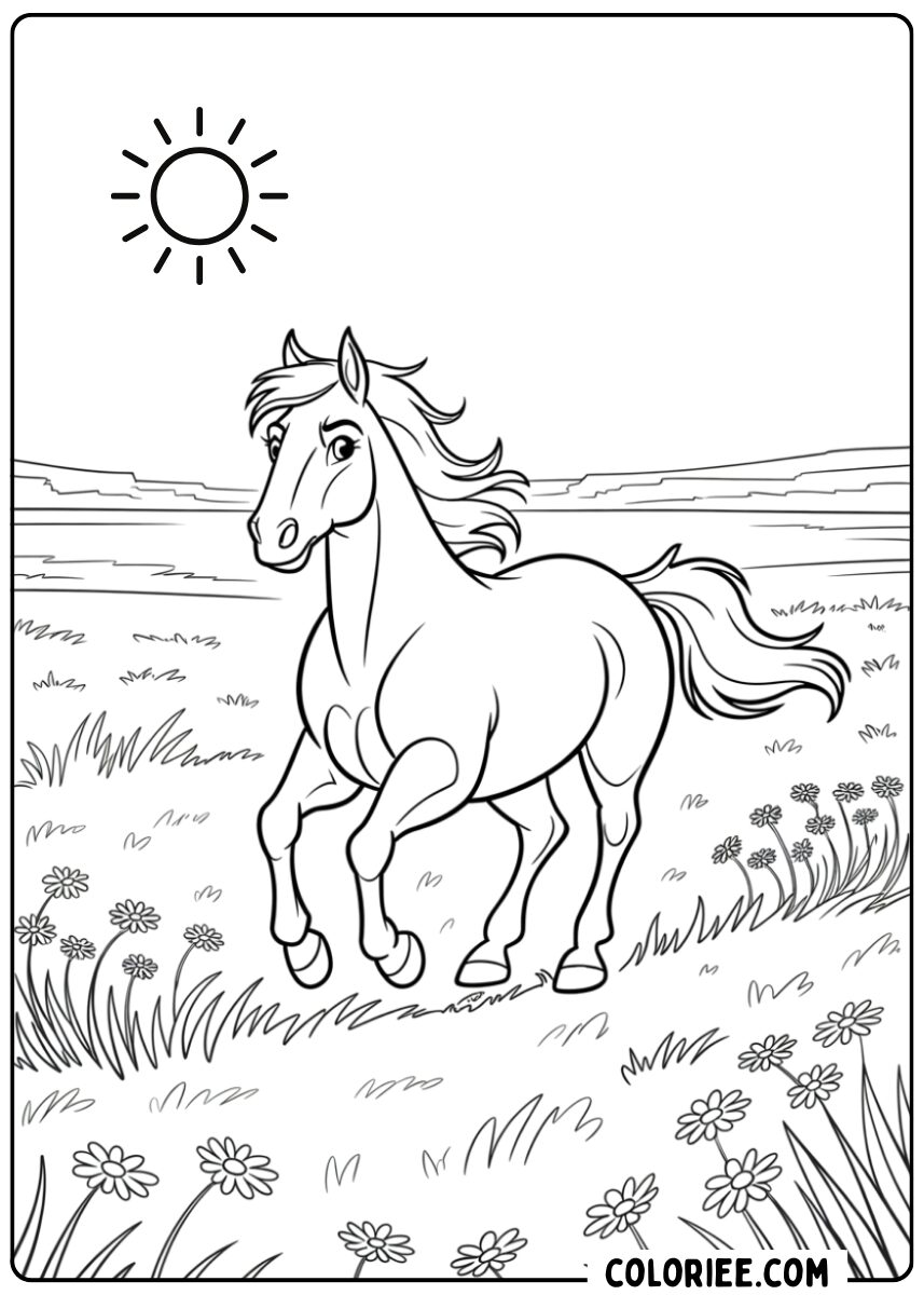 Coloriage cheval dans la prairie