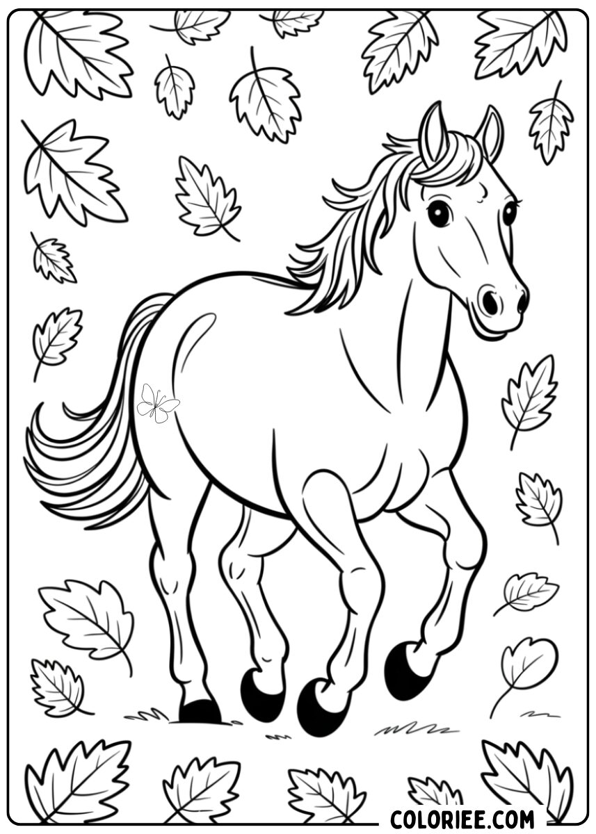 Coloriage cheval en automne