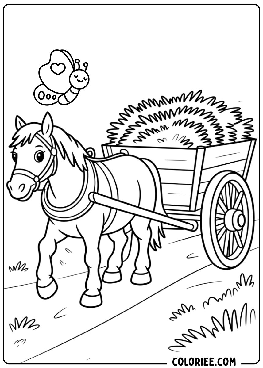 Coloriage cheval et charrette de foin