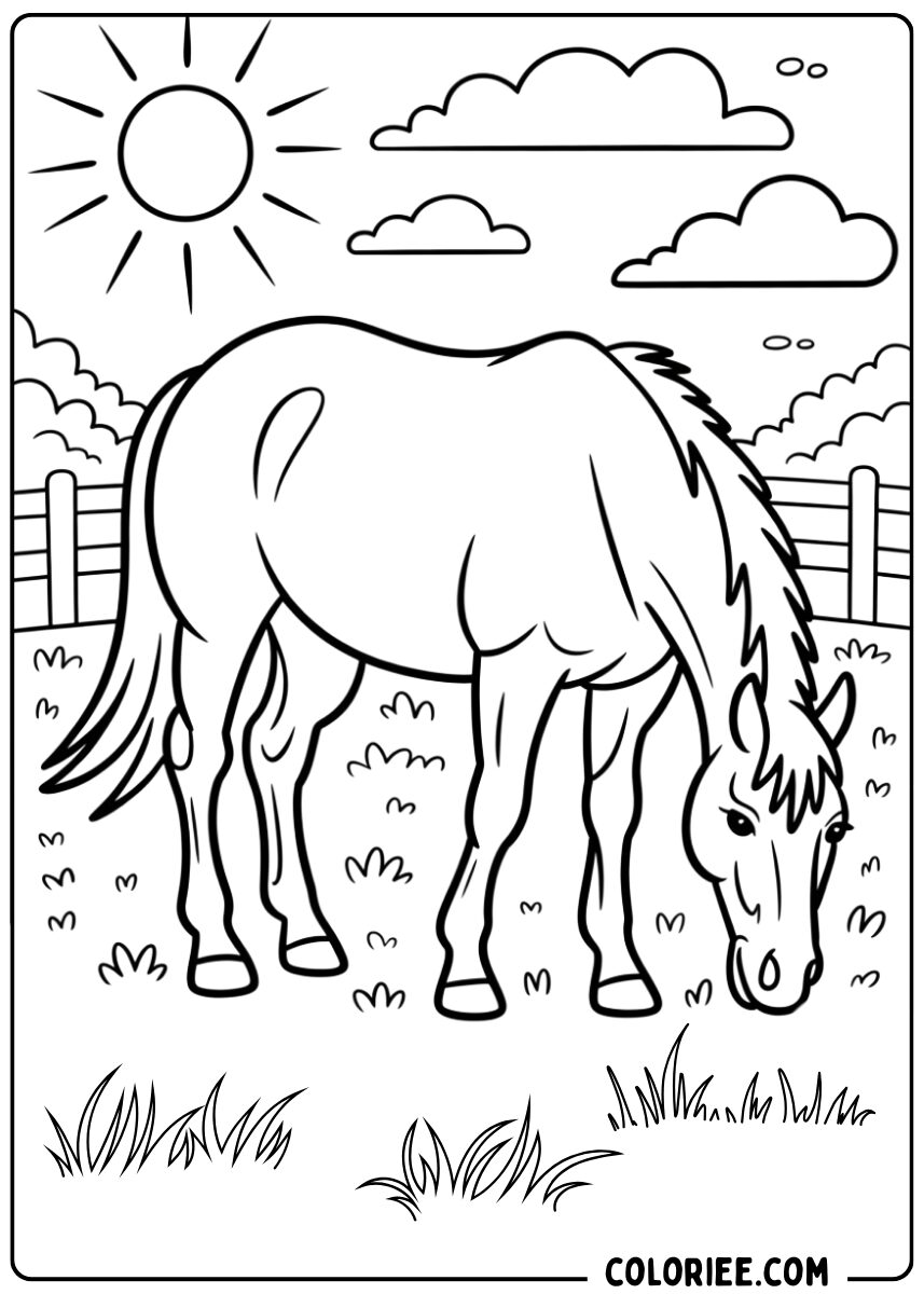 Coloriage cheval qui broute