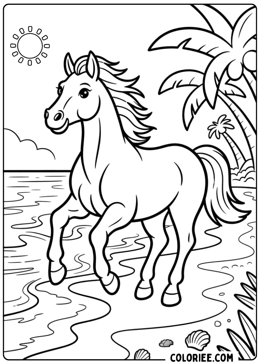 Coloriage cheval sur la plage