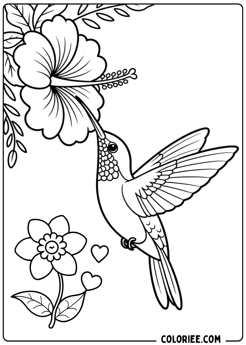 Coloriage colibri et hibiscus