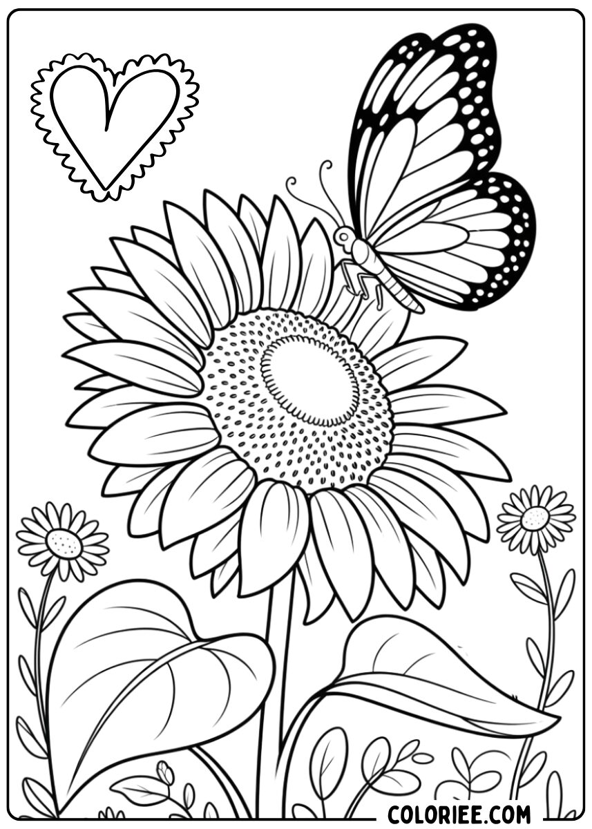 Coloriage grand tournesol et papillon