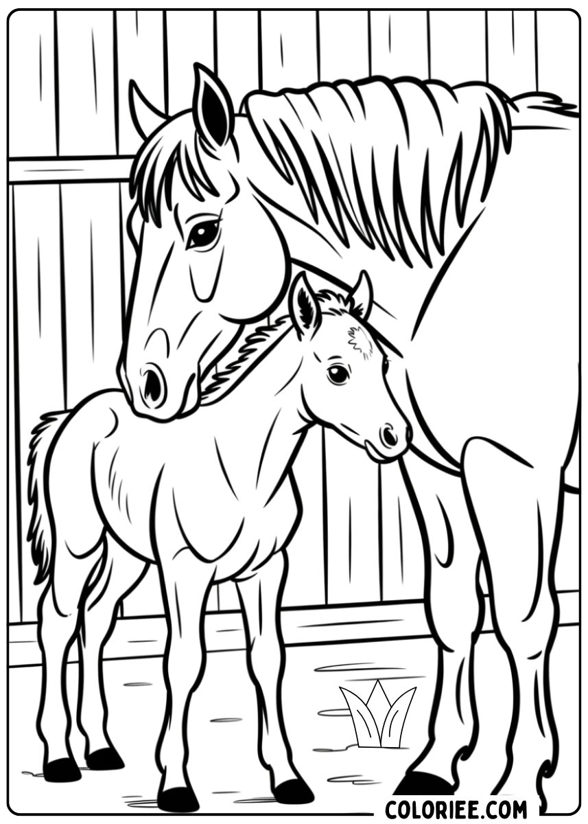 Coloriage jument et poulain