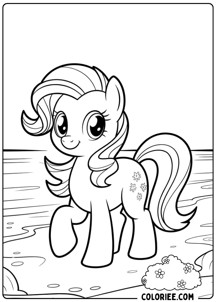 Coloriage poney à la mer