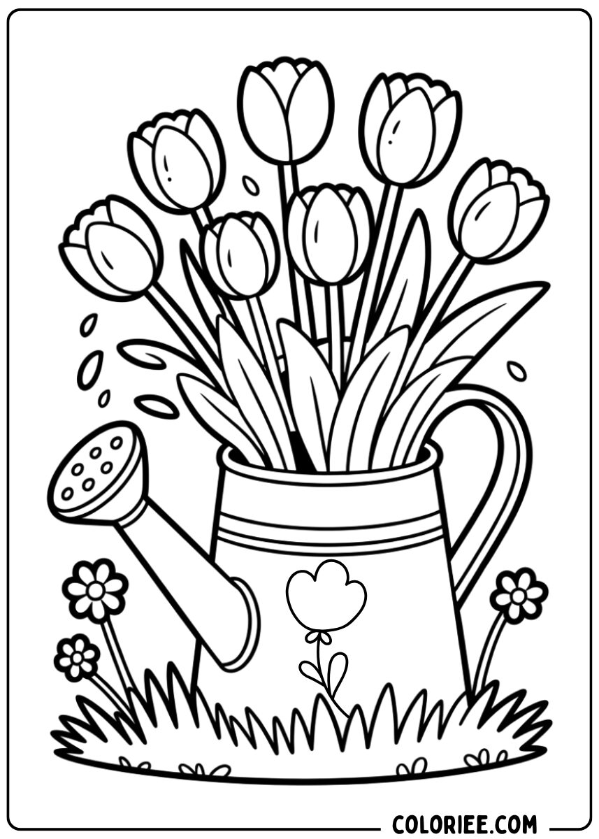Coloriage tulipes dans un arrosoir