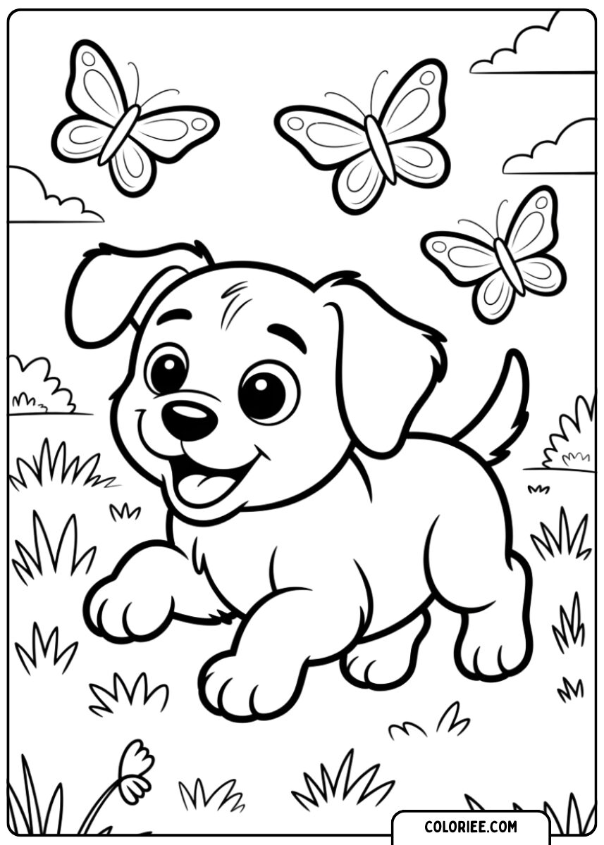 Chiot jouant avec des papillons