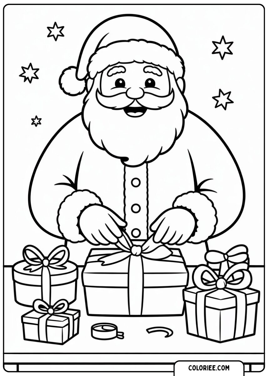 Papa Noël emballe les cadeaux