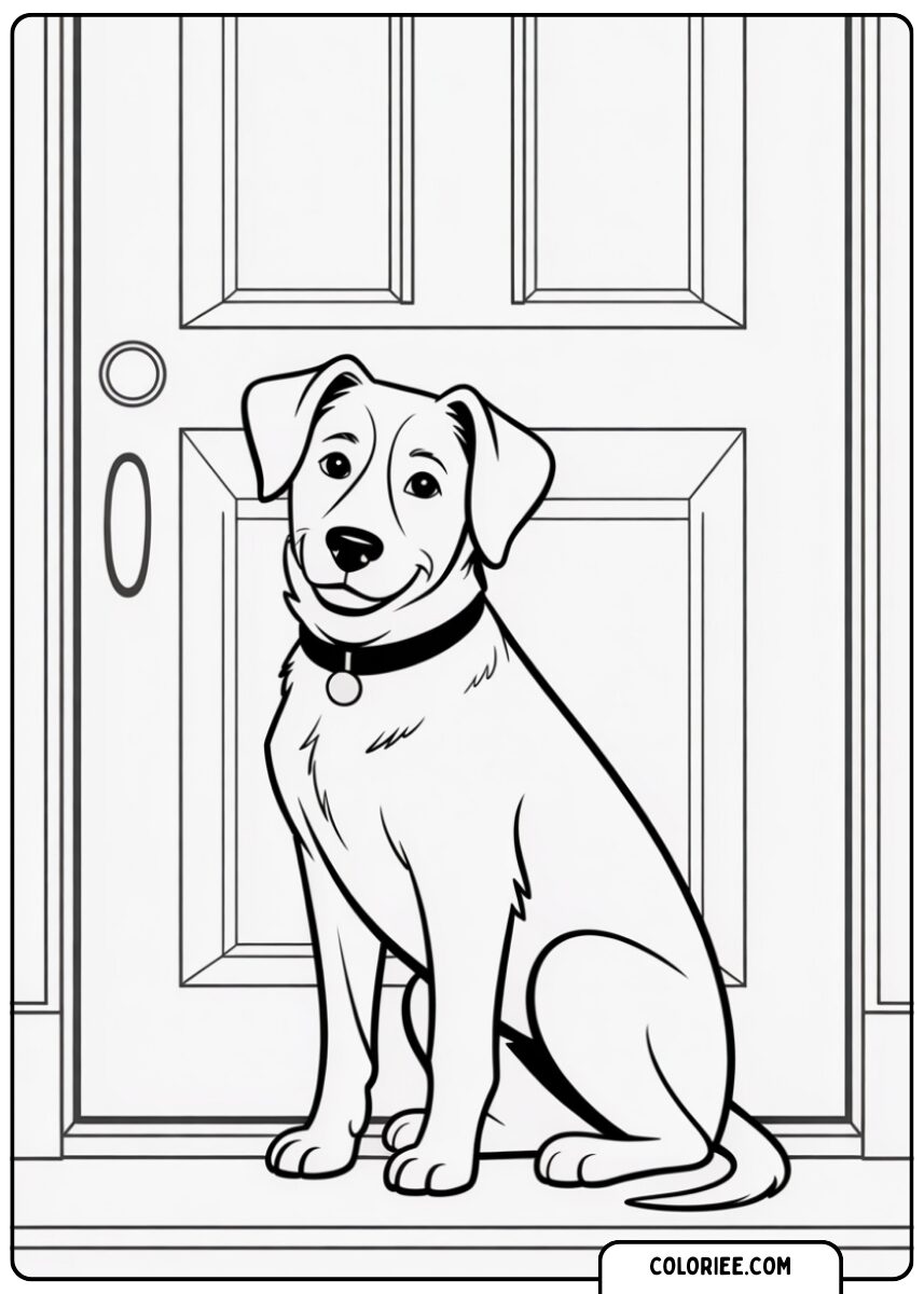 Chien assis devant la porte