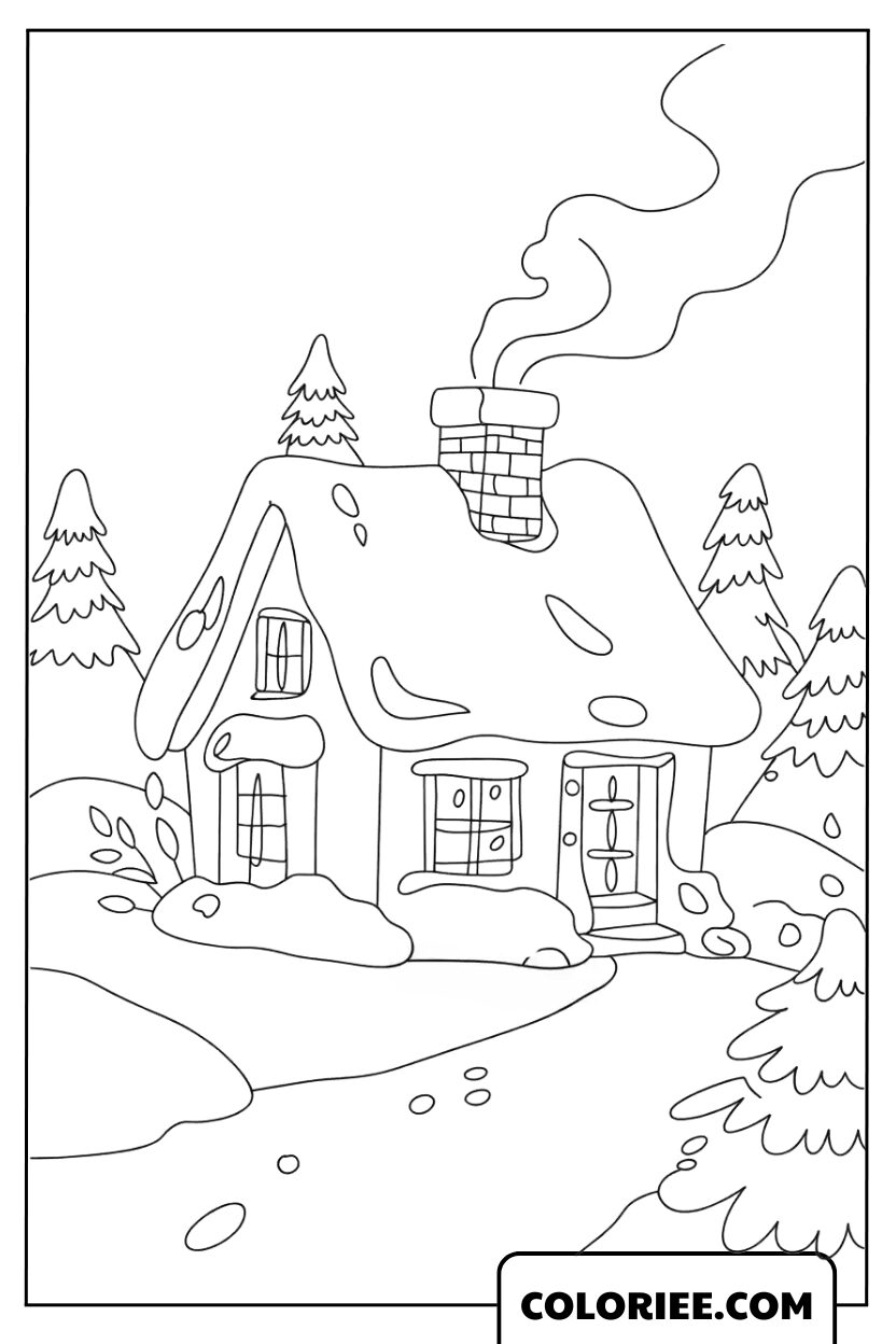 Maison enneigée en hiver – Coloriage hiver