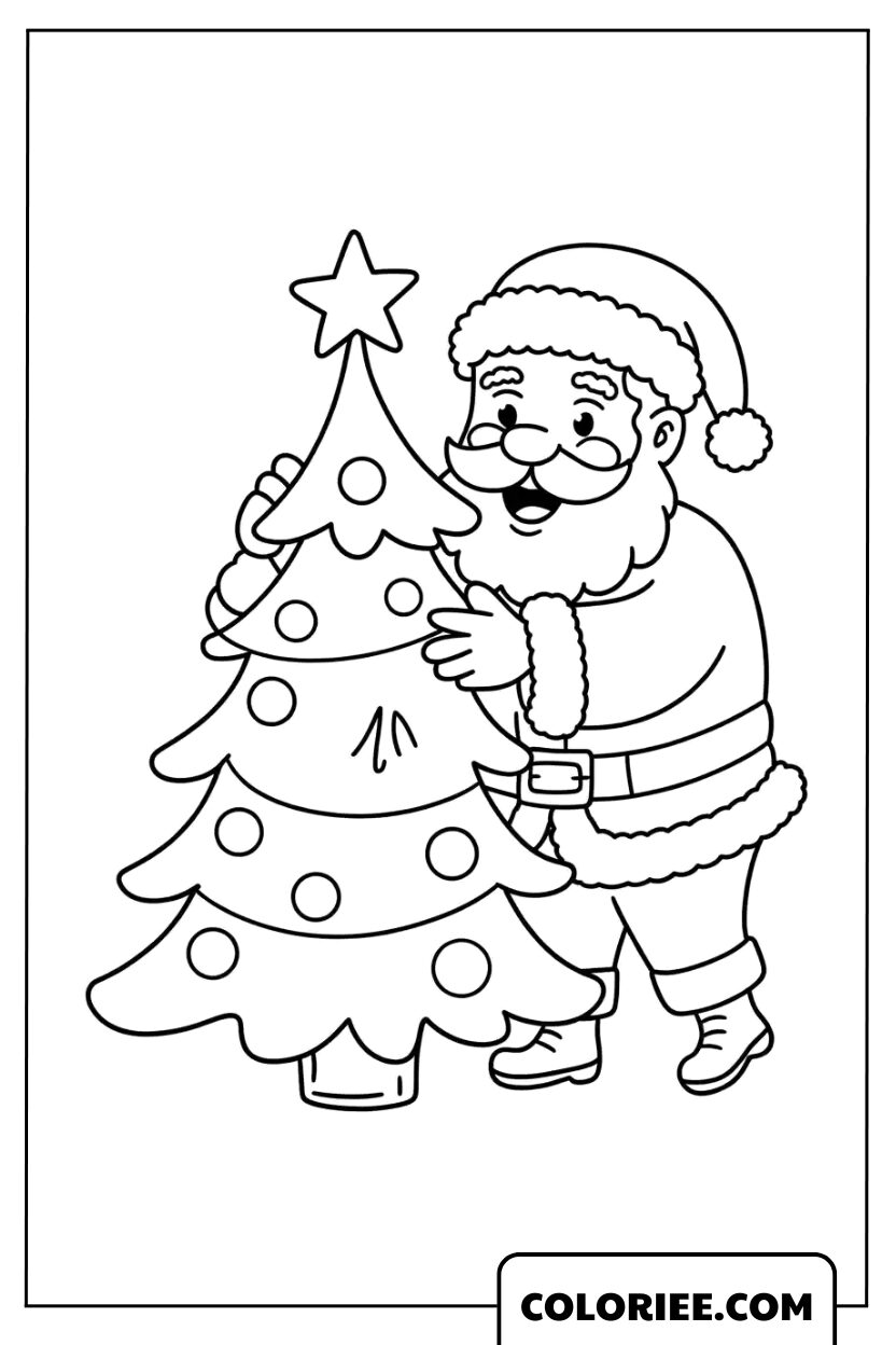 Père Noël décorant le sapin de Noël
