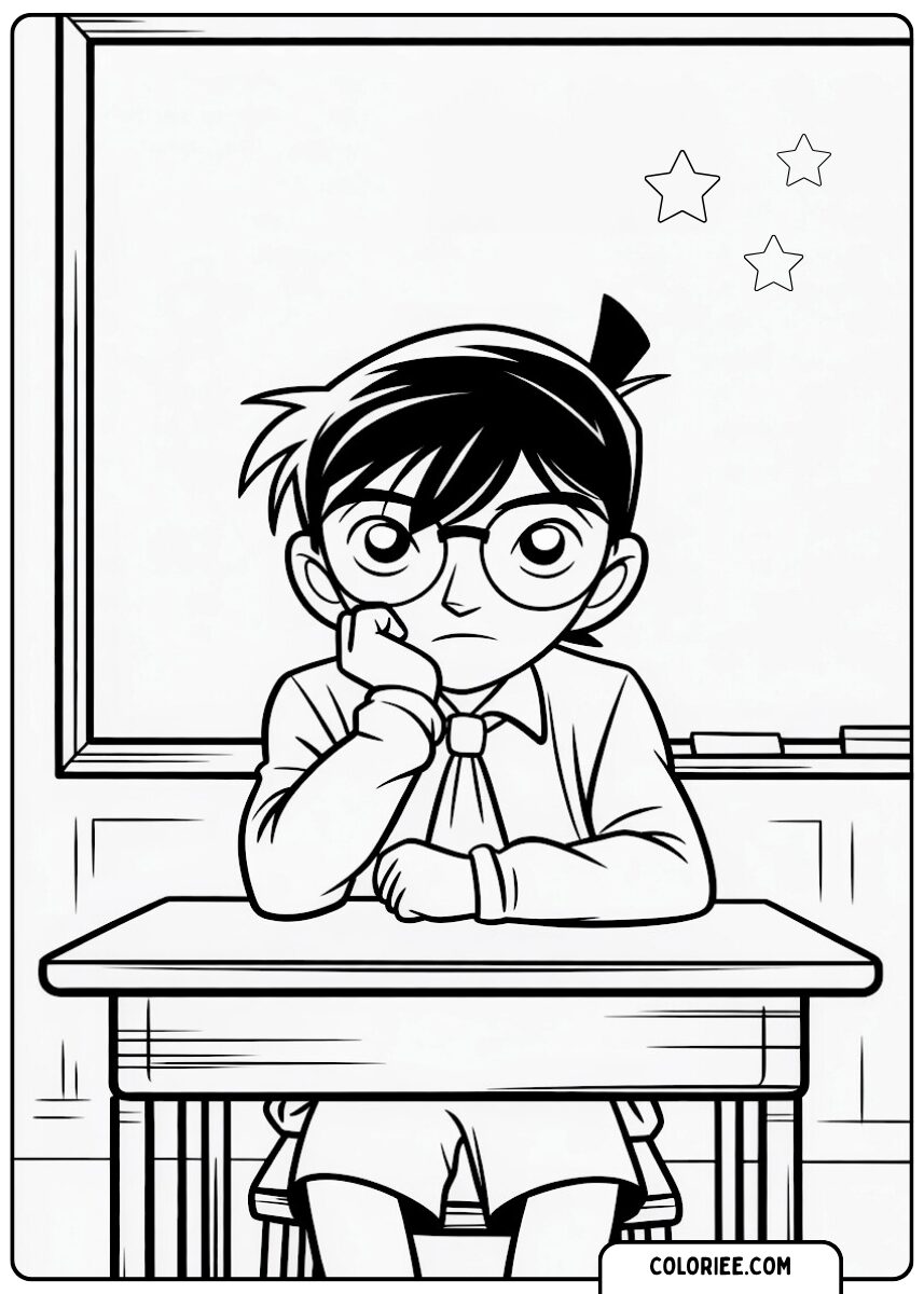 Garçon pensif en classe – Page de coloriage manga