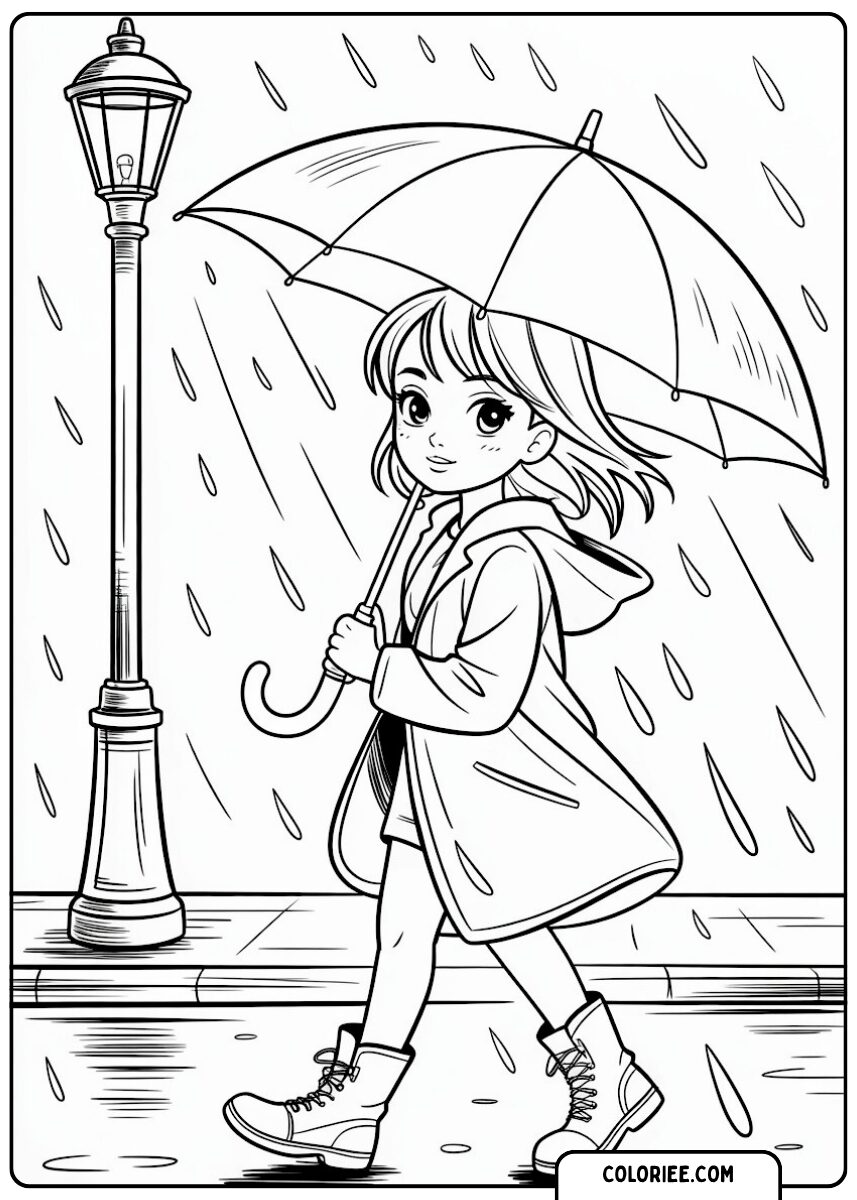 Fille sous la pluie – Coloriage manga parapluie