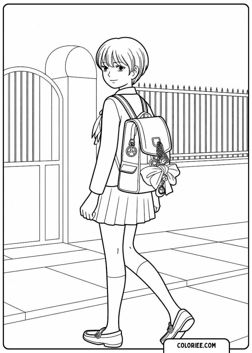 Écolière avec sac à dos – Page de coloriage manga