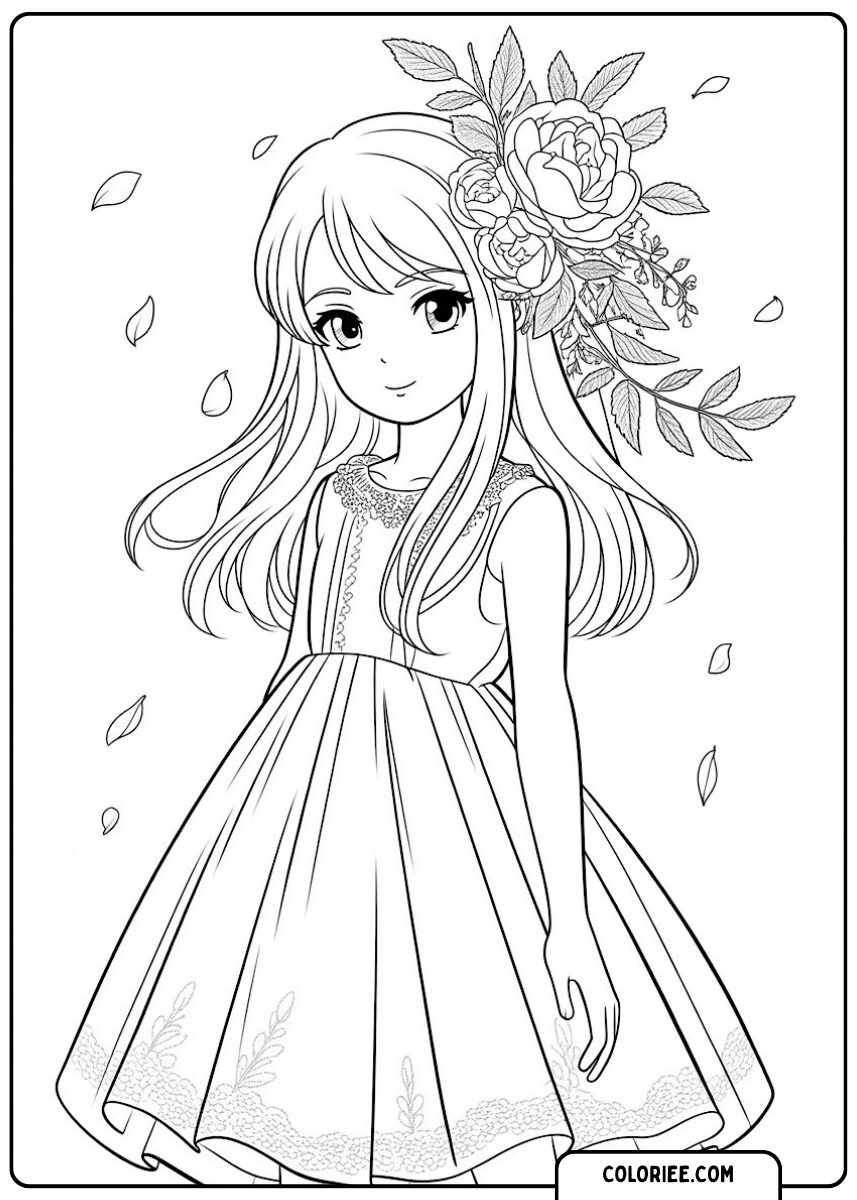 Fille aux fleurs – Page de coloriage manga