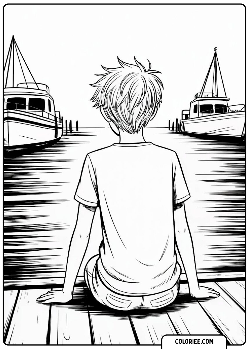 Garçon au port – Page de coloriage manga