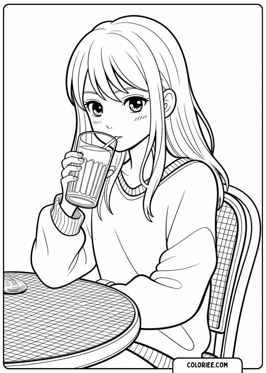 Fille buvant un jus – Page de coloriage manga