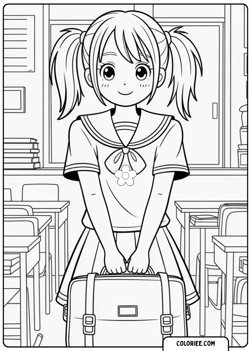 Écolière avec un sac – Page de coloriage manga