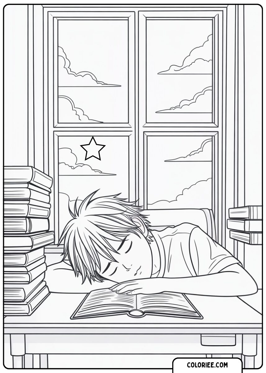 Élève endormi – Page de coloriage manga
