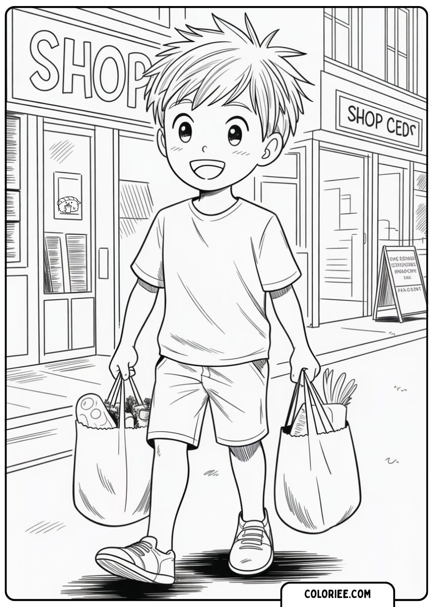 Garçon faisant les courses – Page de coloriage manga