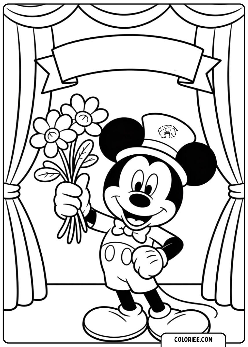 Mickey sur scène avec des fleurs