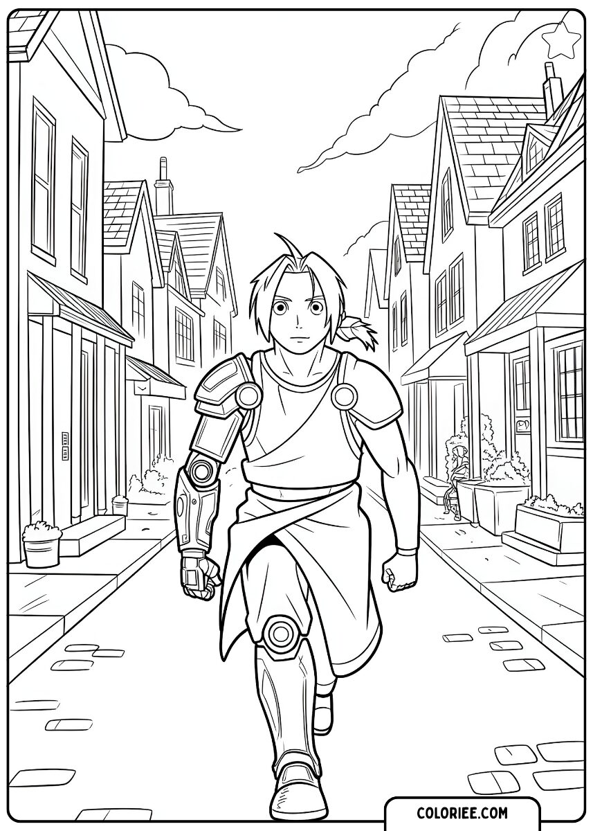 Guerrier manga marchant en ville – Coloriage aventure