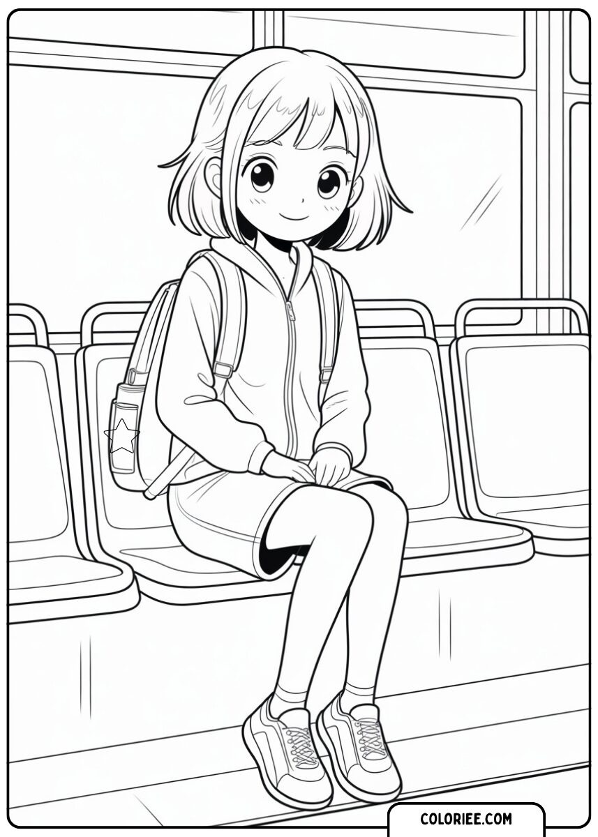 Fille assise dans le bus – Page de coloriage manga