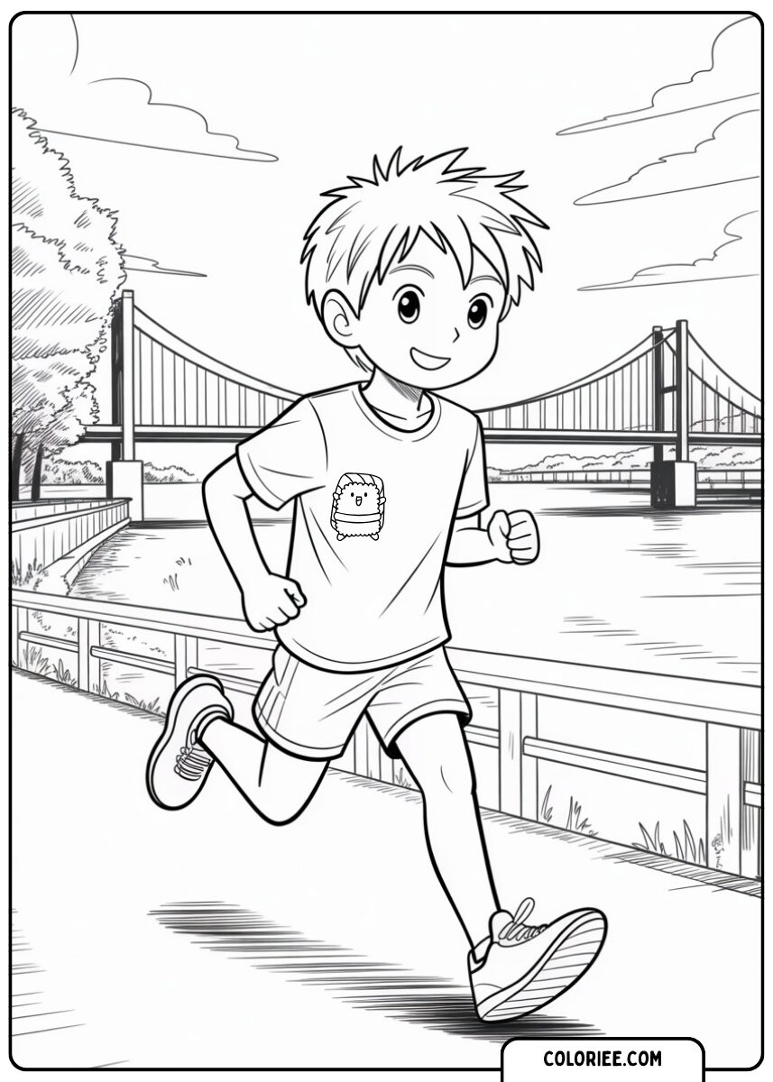 Garçon courant près de la rivière – Page de coloriage manga