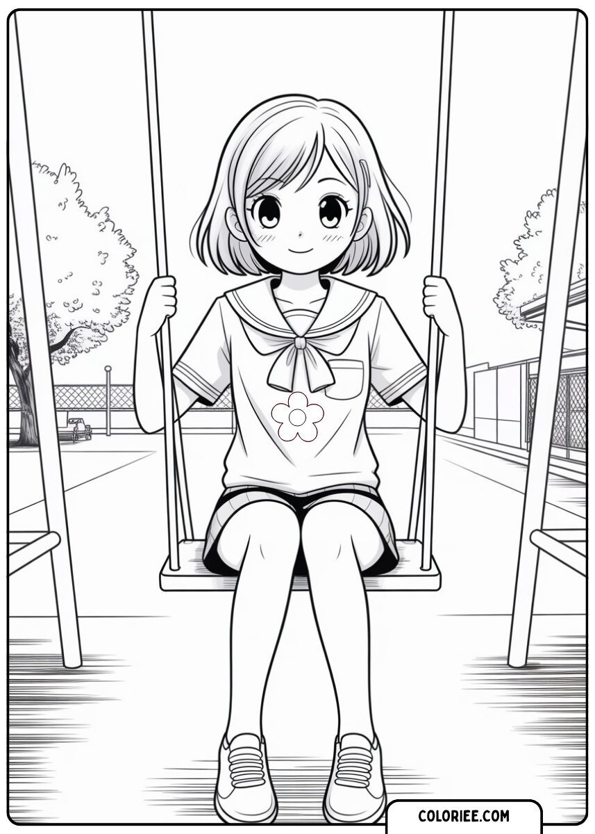 Fille sur la balançoire – Coloriage manga scolaire