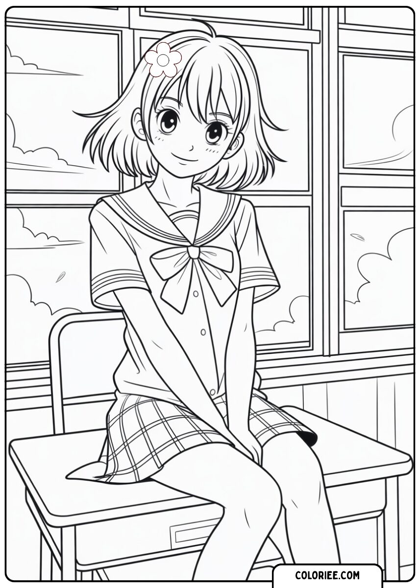 Fille assise en classe – Page de coloriage manga