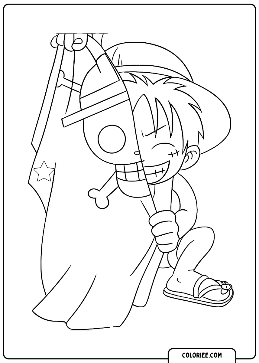 Luffy caché derrière un drapeau – Coloriage pirate manga