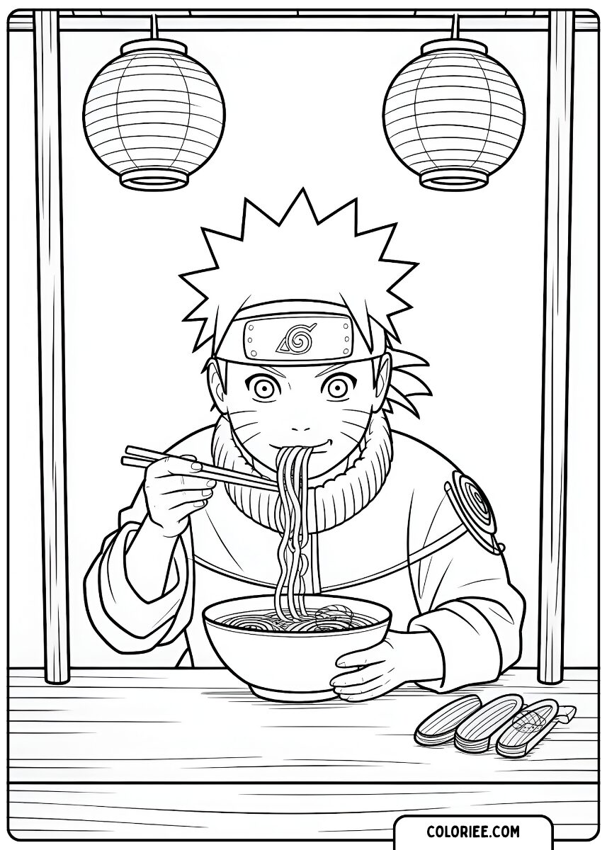 Naruto mangeant des ramen – Page de coloriage anime