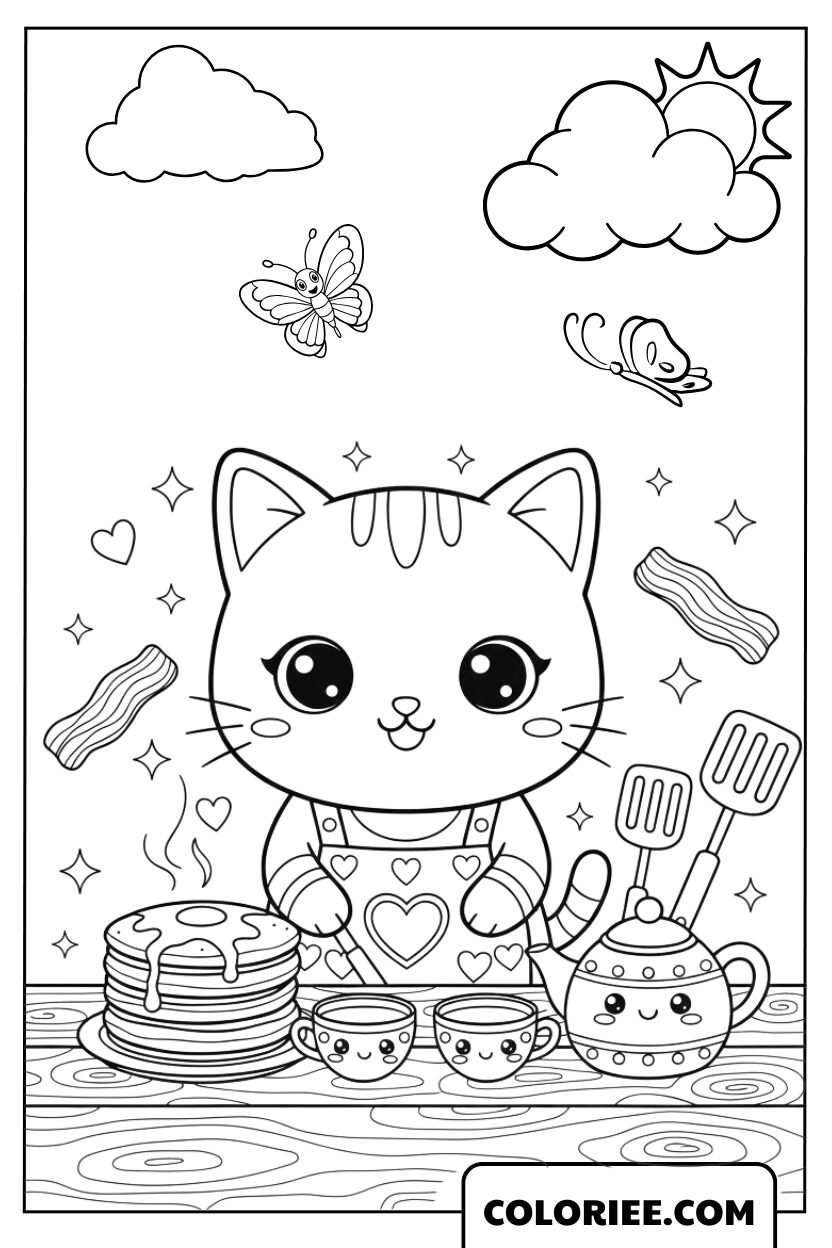 Chat Chef et Son Petit Déjeuner Mignon