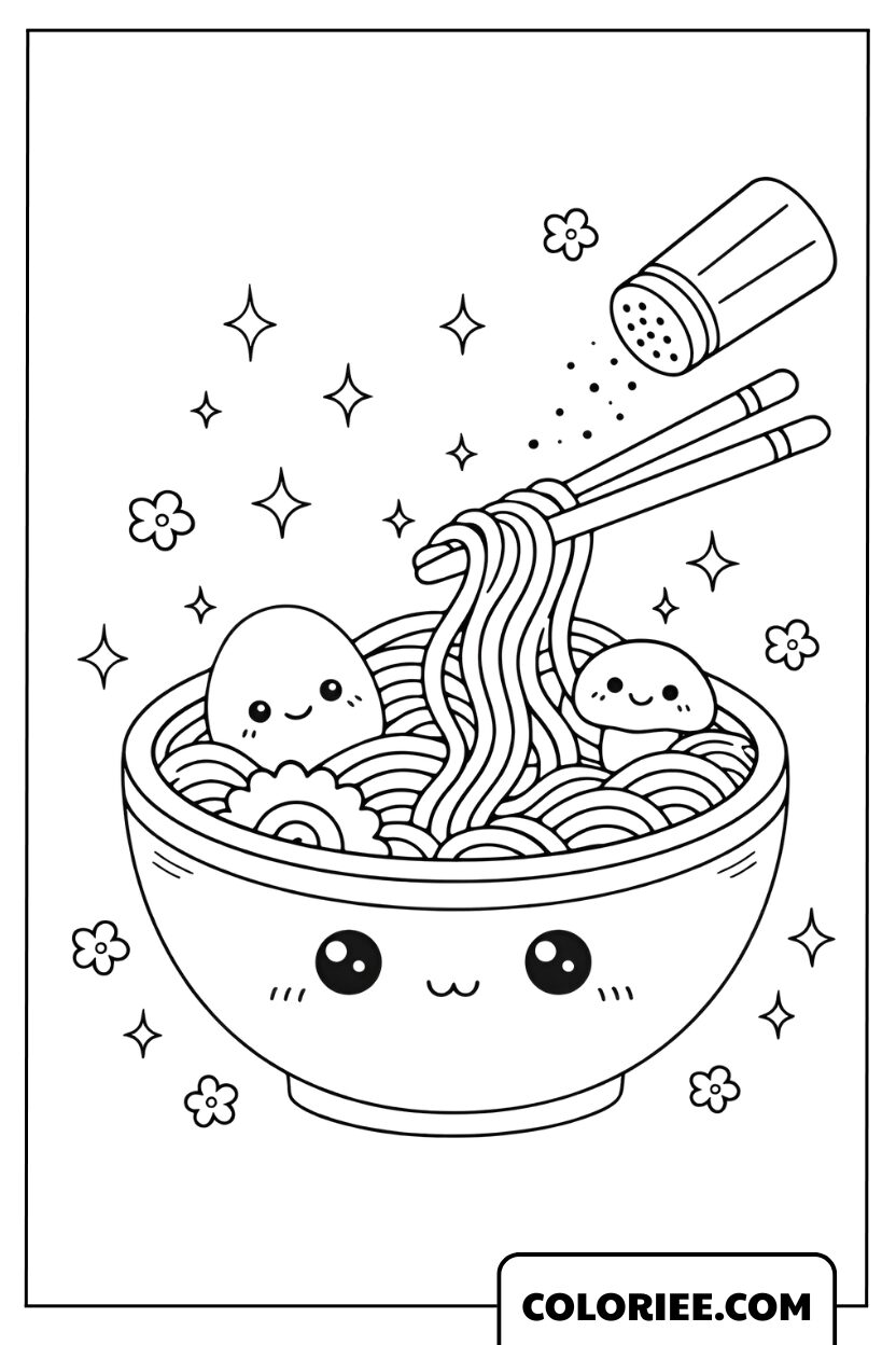 Coloriage Bol de Nouilles Kawaii Adorable