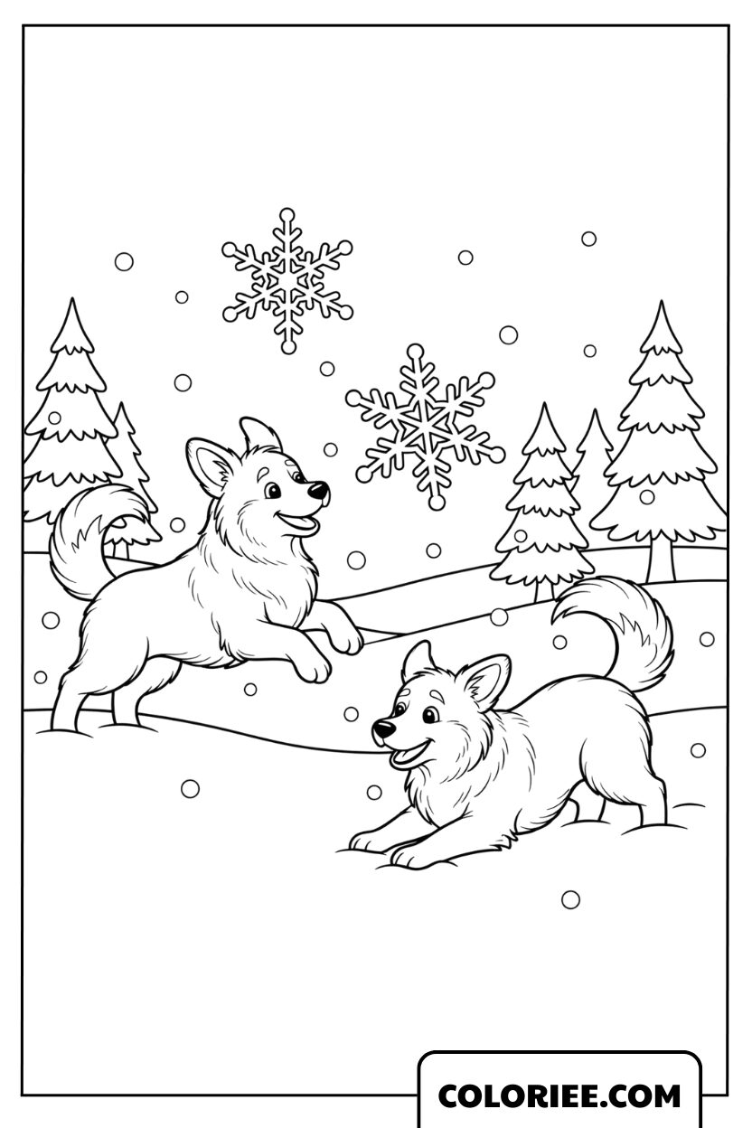 Coloriage Chien jouant dans un paysage d’hiver