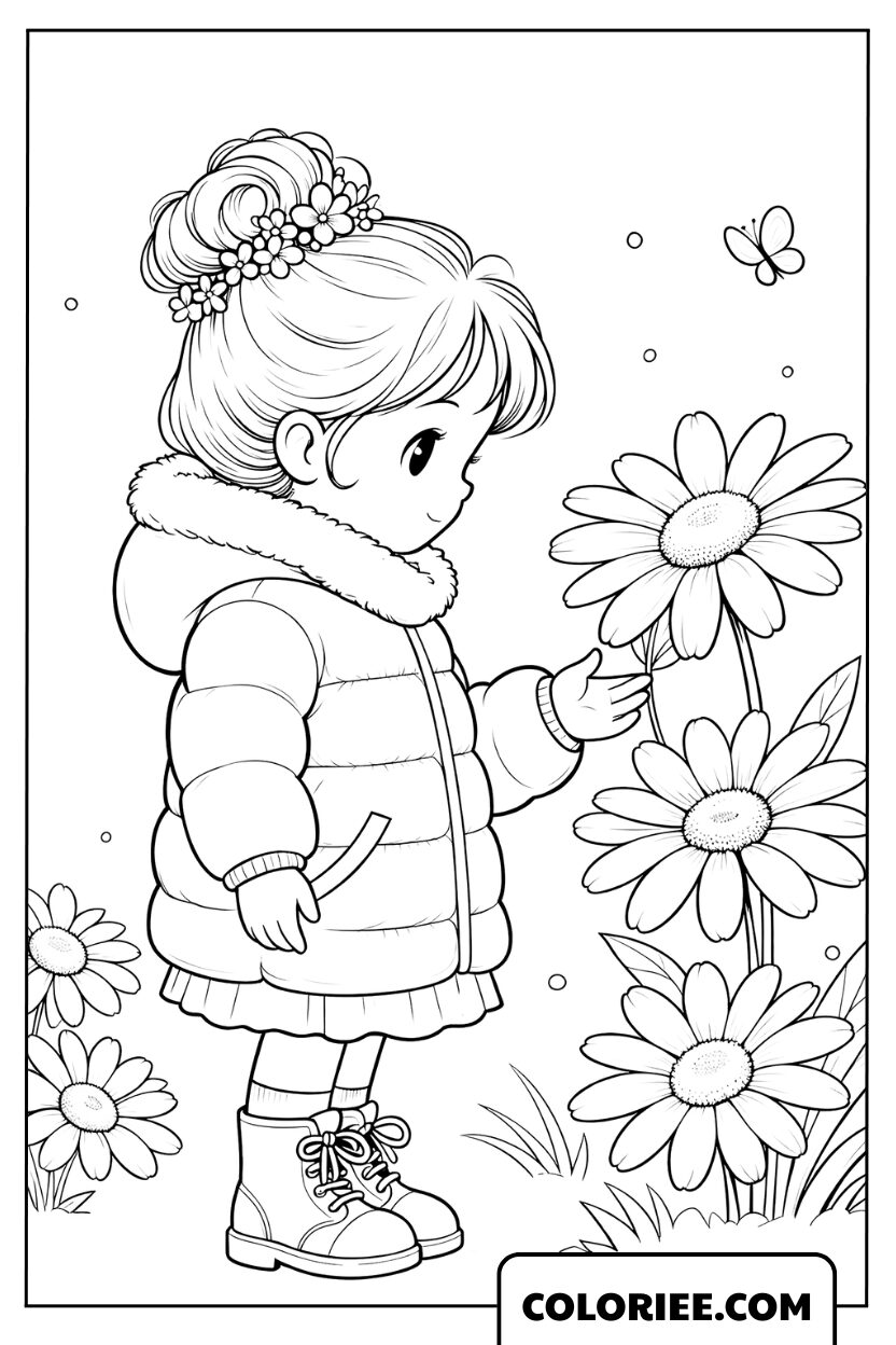 Coloriage Fleurs petite fille admirant les marguerites