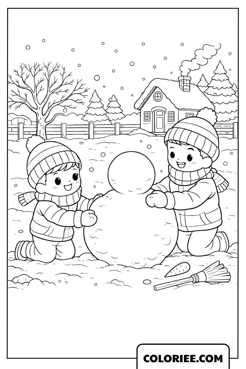 Coloriage Hiver – Enfants construisant un bonhomme de neige