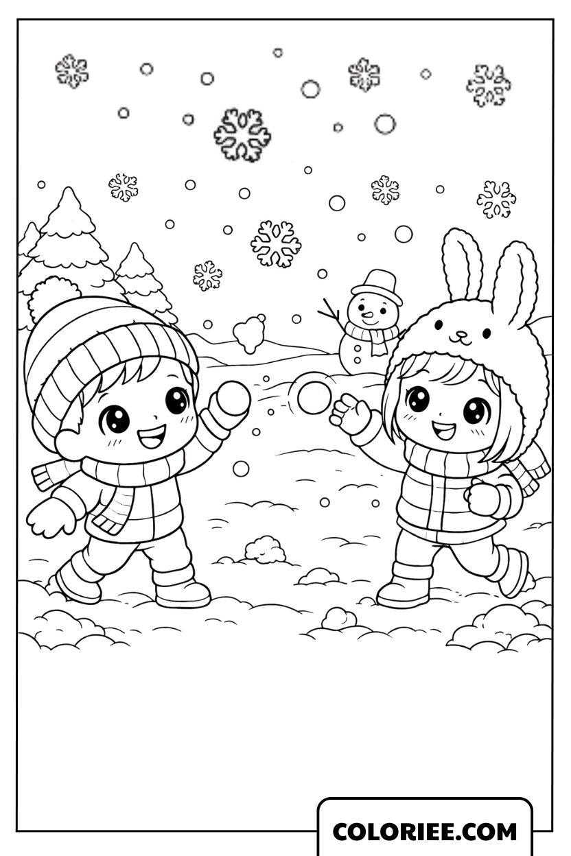 Coloriage Hiver – Enfants qui jouent dans la neige