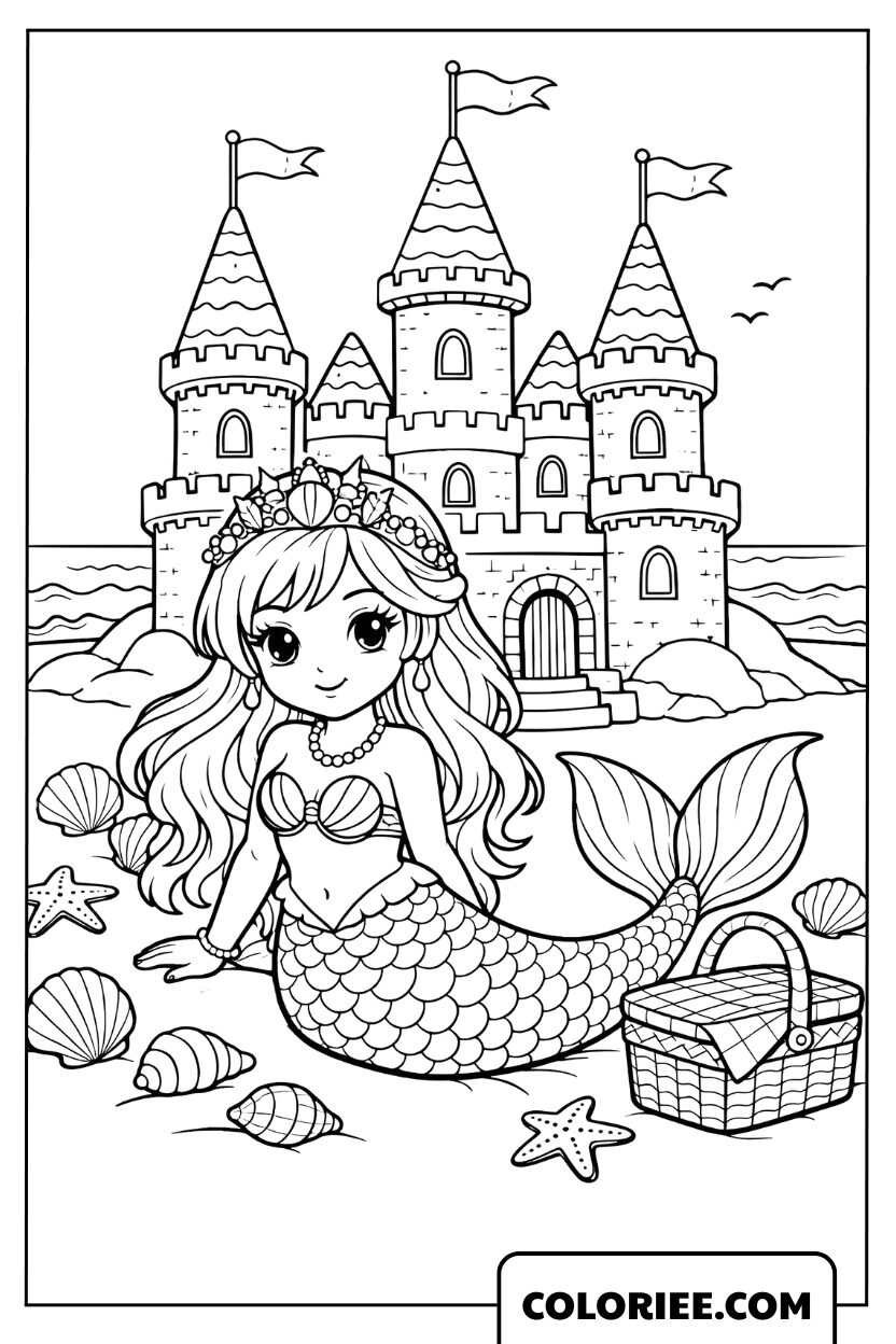 Coloriage Sirène et Château de Sable