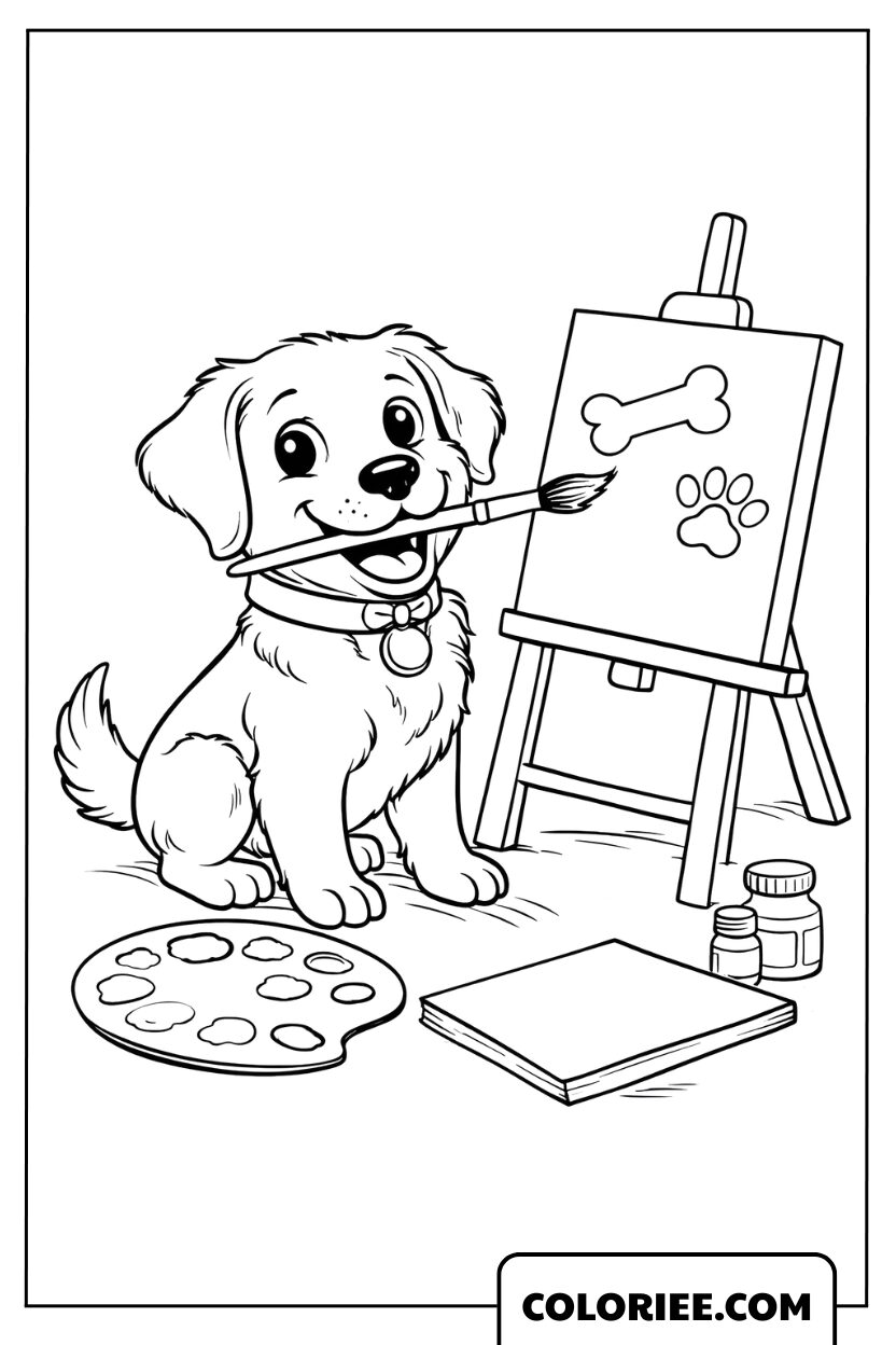 Dessin Chien peintre en train de dessiner