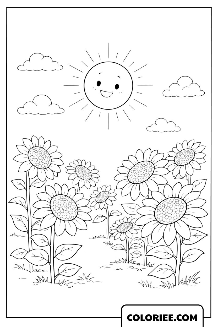 Dessin Fleurs champ de fleurs sous le soleil